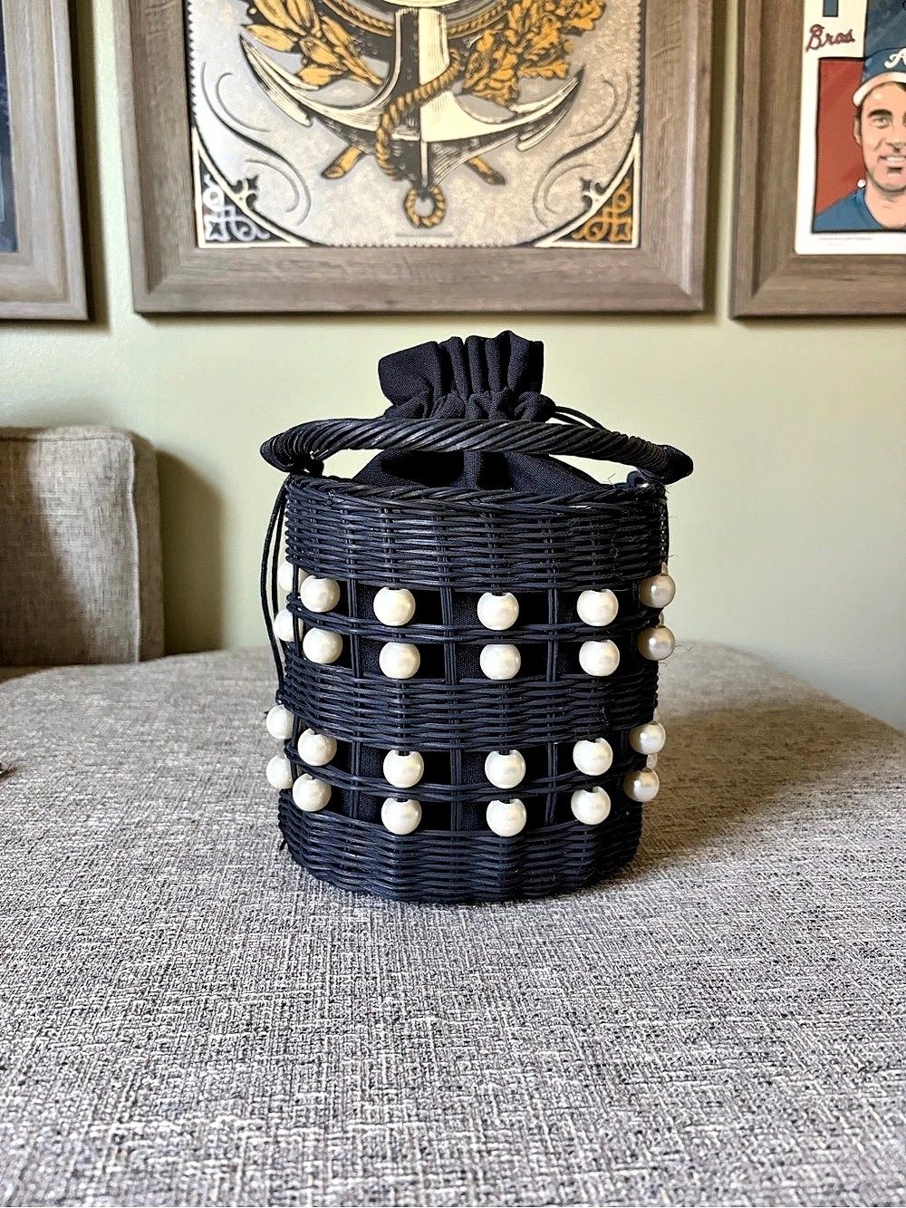 Kate Spade x Target Straw Pearly Bucket Bag Black & White - Picture 2 of 3